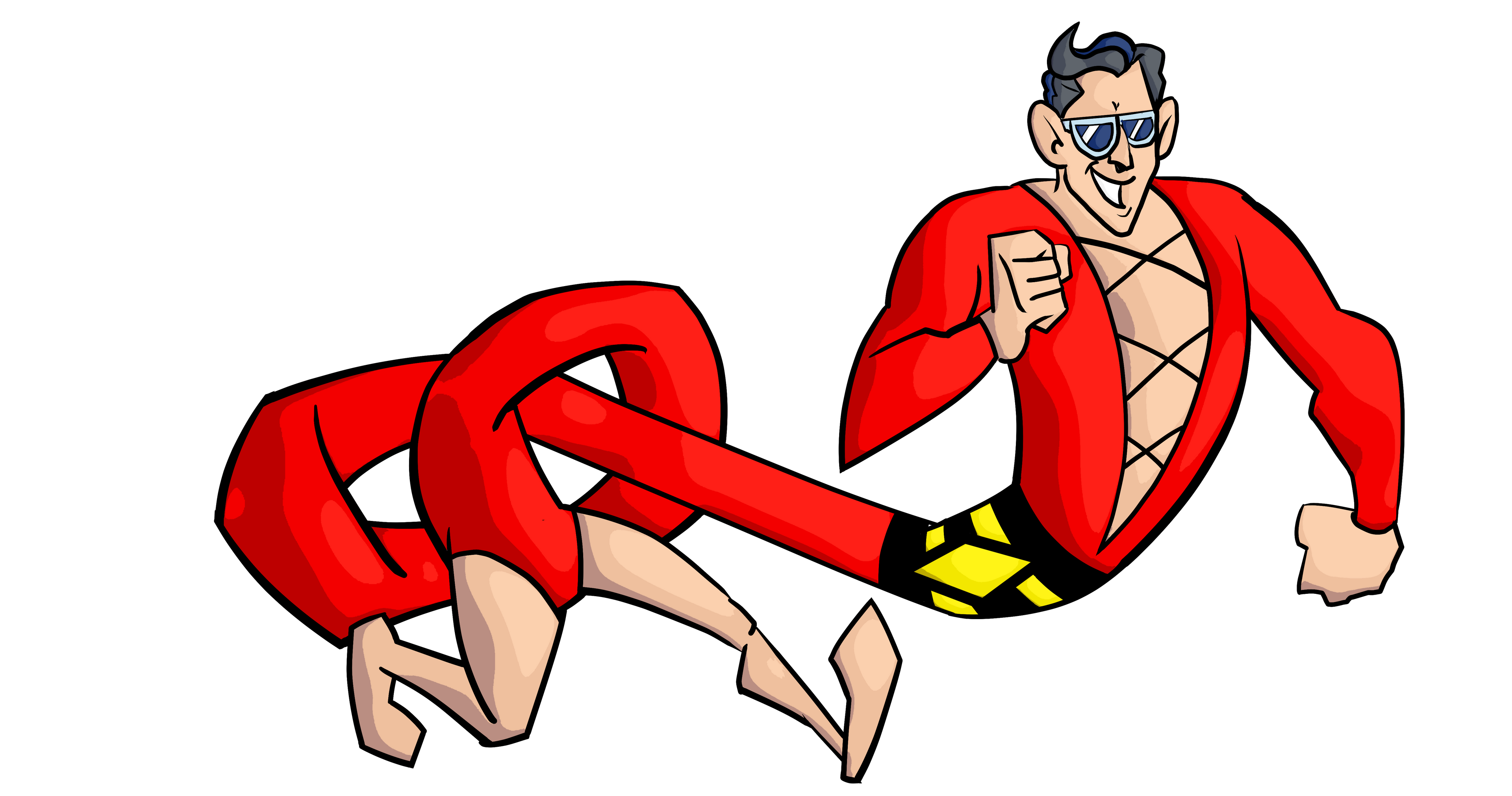 Stretchy plastic super hero in red leotard walking with his torso twisted like a pretzel.