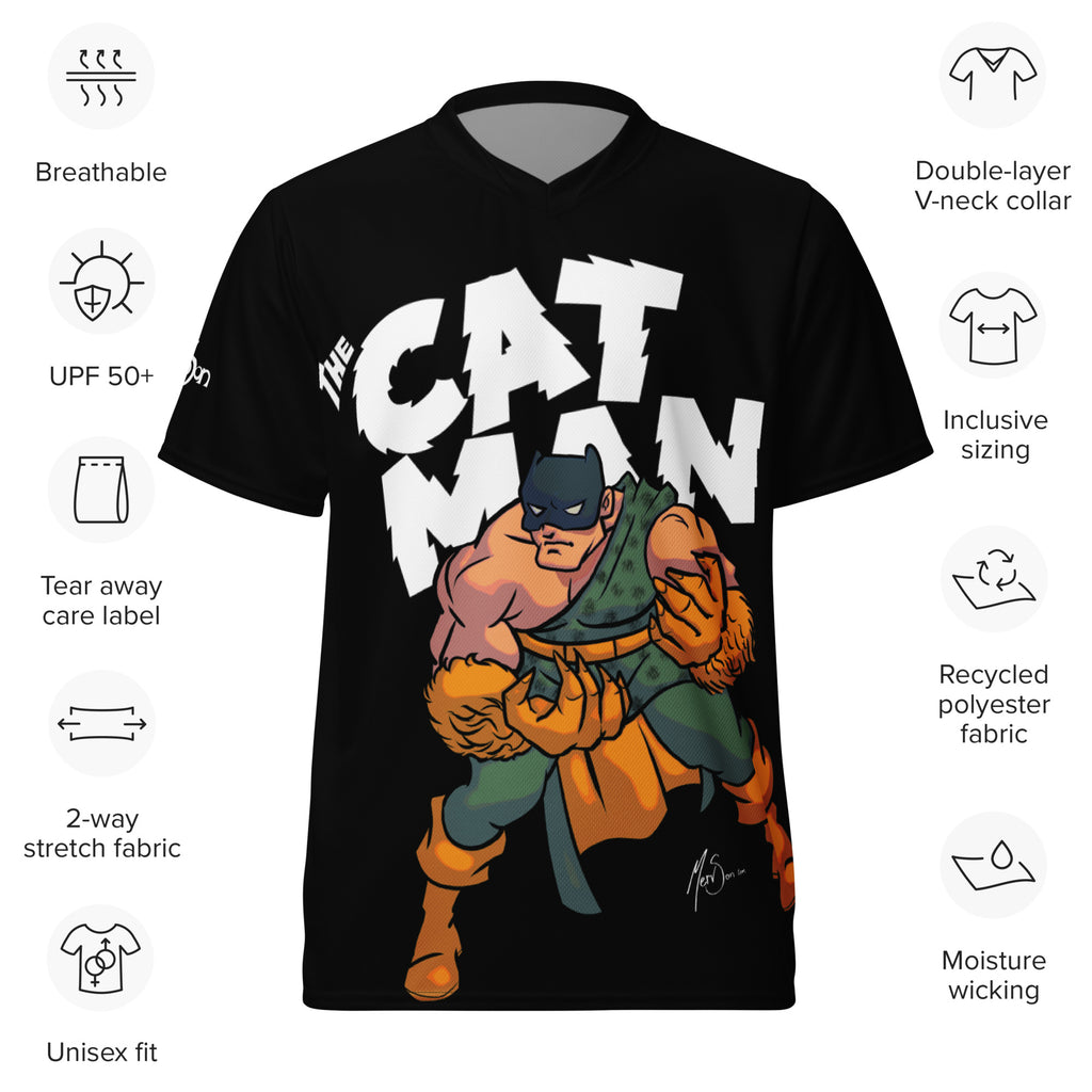 Cat Man Jungle Super Hero Recycled unisex sports jersey