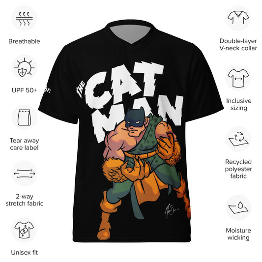 Cat Man Jungle Super Hero Recycled unisex sports jersey