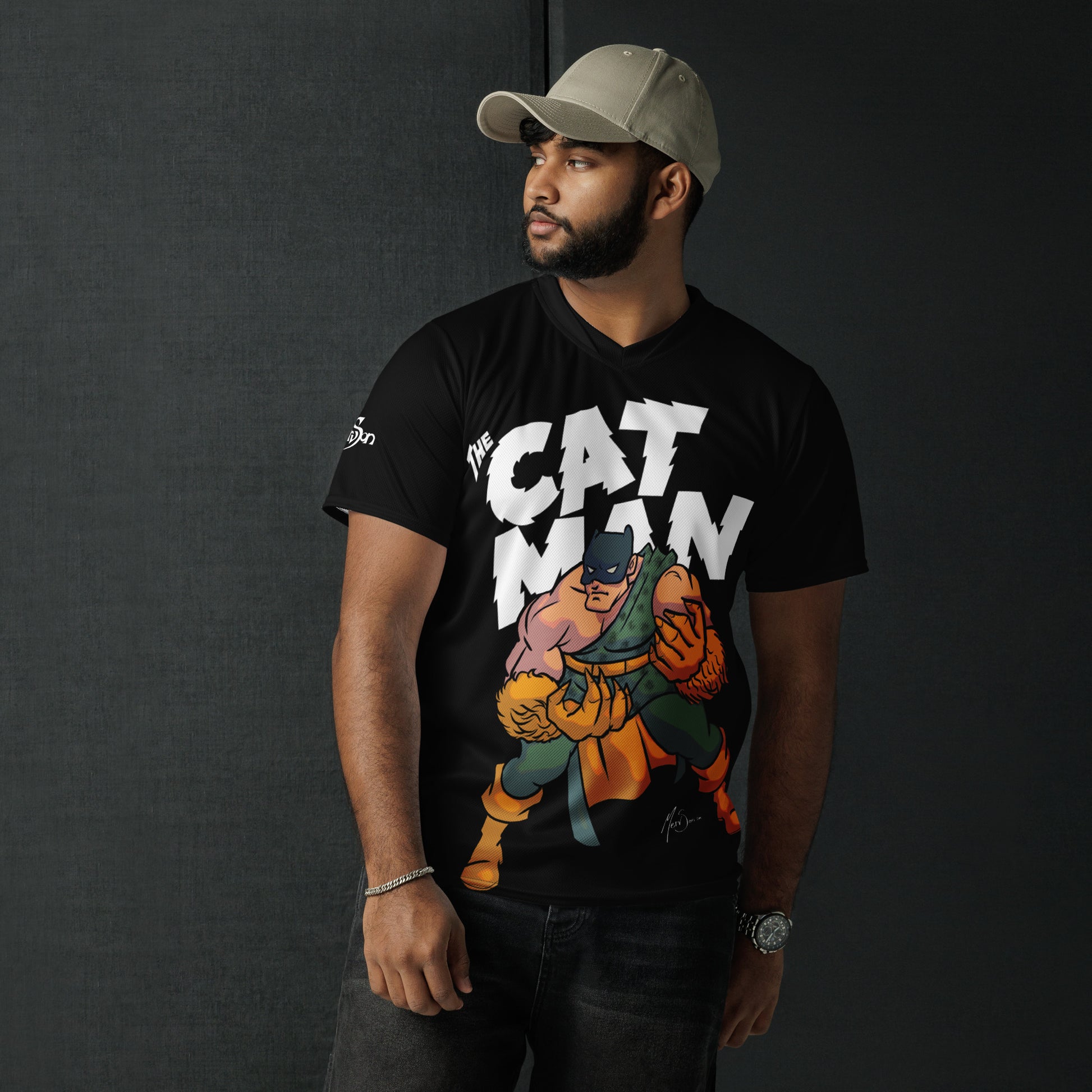 Cat Man Jungle Super Hero Recycled unisex sports jersey