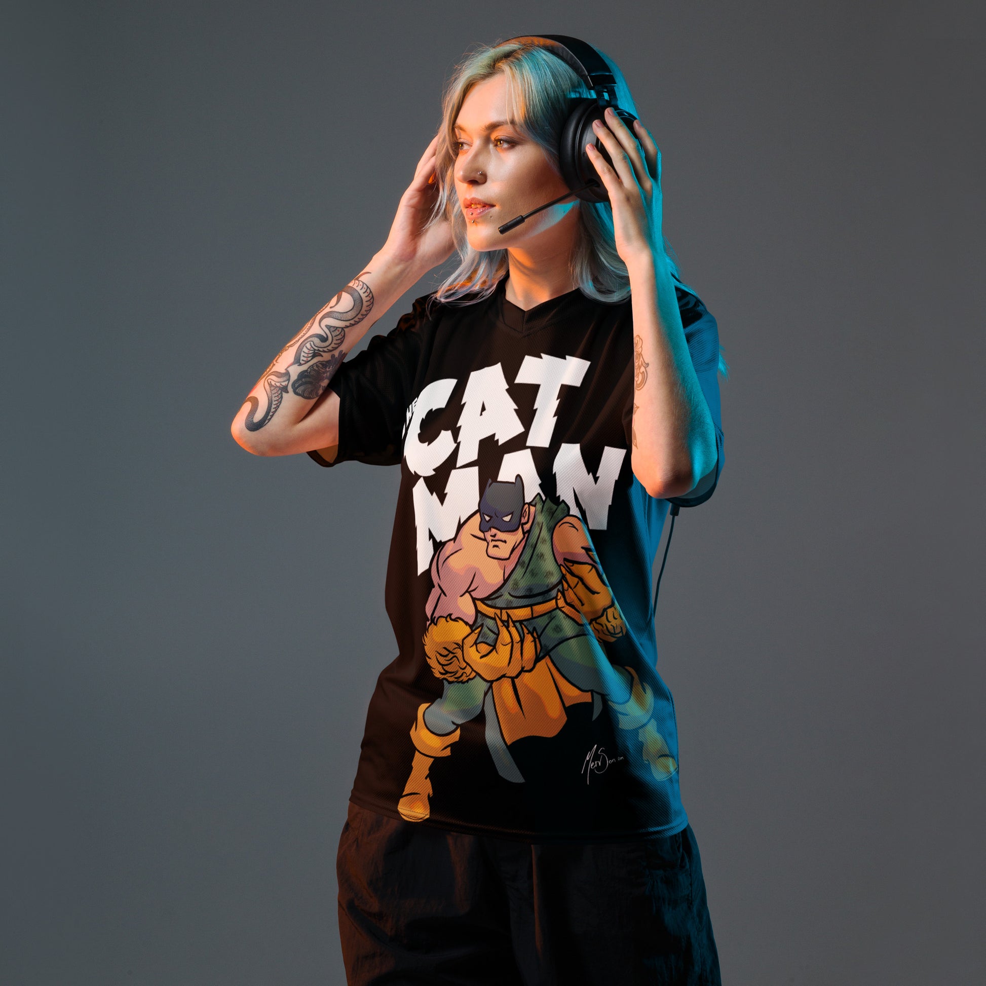 Cat Man Jungle Super Hero Recycled unisex sports jersey