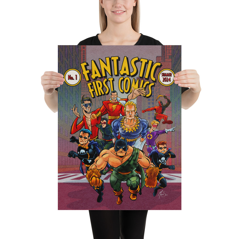 A young woman holds a poster with a groups of superheroes in colorful costumes. Poster text says  Fantastic First Comics