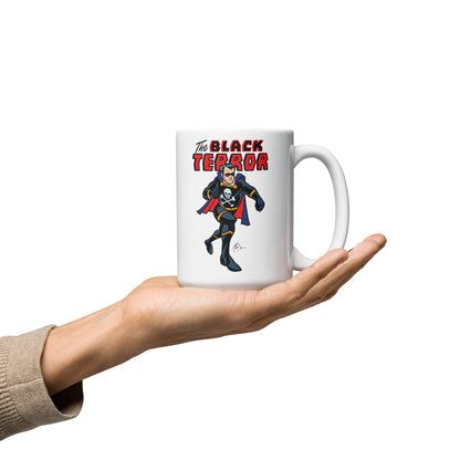 Unleash the Black Terror! Limited Edition White Glossy Mug - Classic Comic Hero